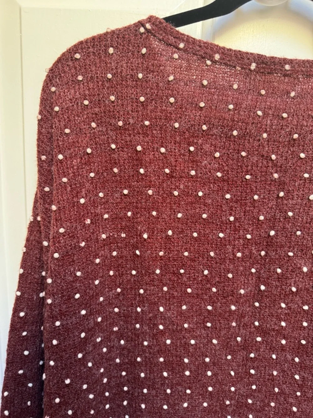 Altar'd State Lace Hem Polka Dot Embellished L/Sleeve Burgundy Red Sweater Large